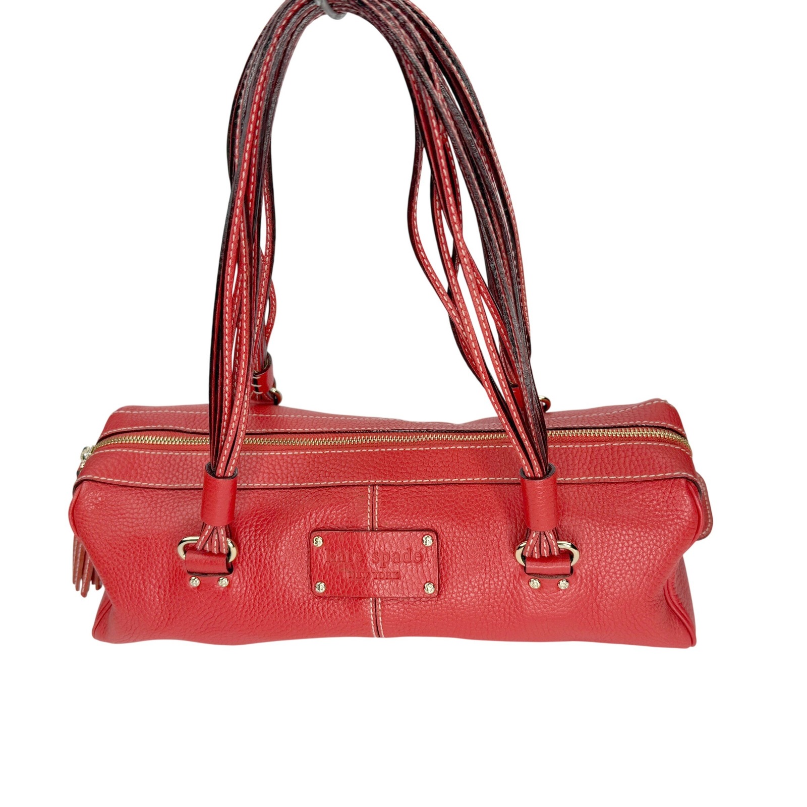 Y2k Kate Spade Barrel Bag Satchel Red Pebbled Leather Tassel Polka Dot Lining